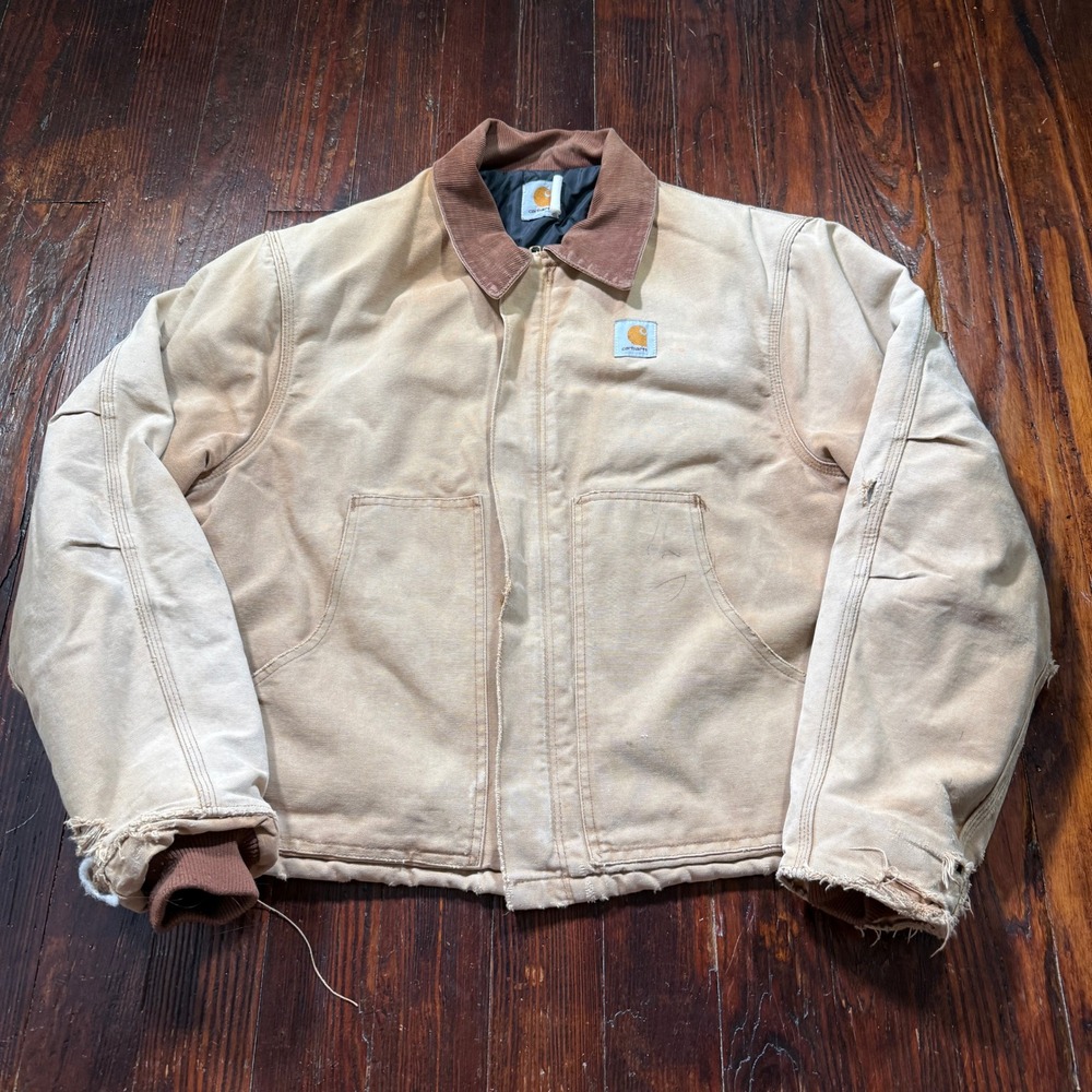 Vintage Carhartt Jacket Mens 2XL Tan Distressed Duck Canvas Quilted Lining
